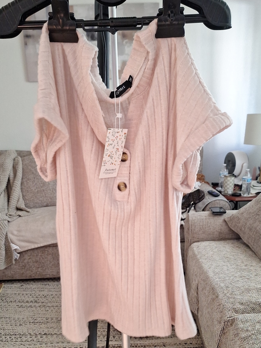 Ribbed Button-Front Short Sleeve Tee in Blush